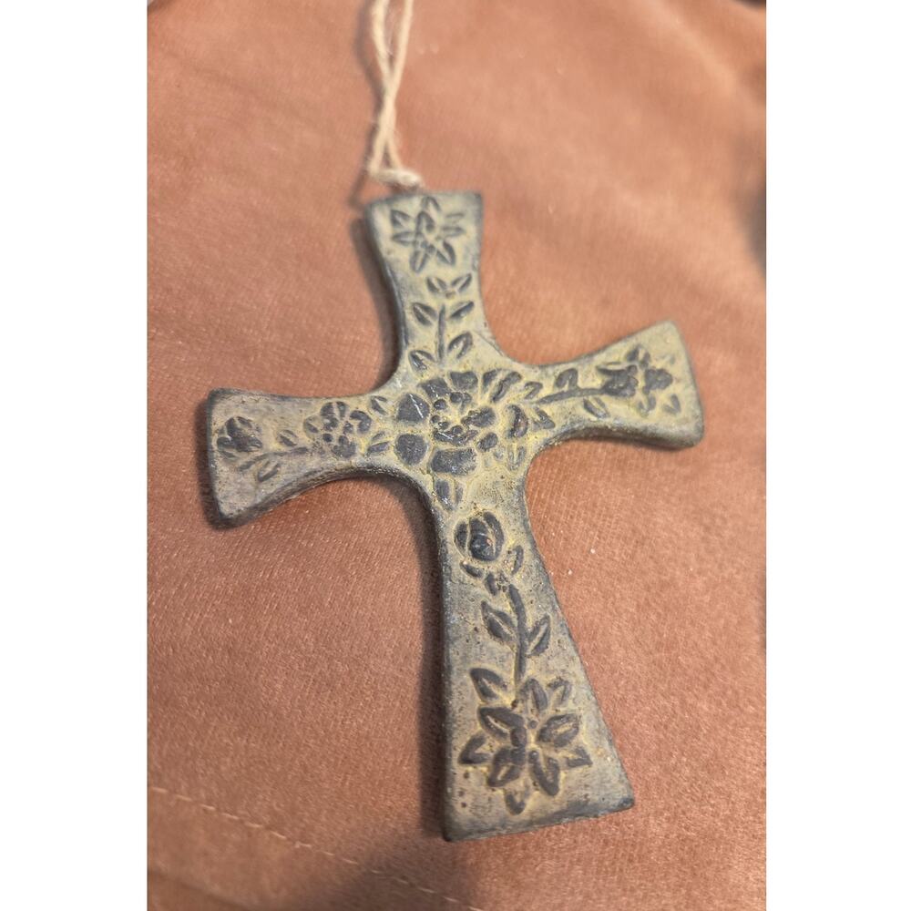 Handmade Floral Ceramic Cross Wall Hanging Rustic Religious Decor - Picture 2 of 5